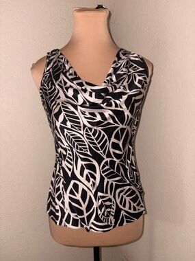 Talbots Black & White Leaf Silky Print Cowl Neck Tank